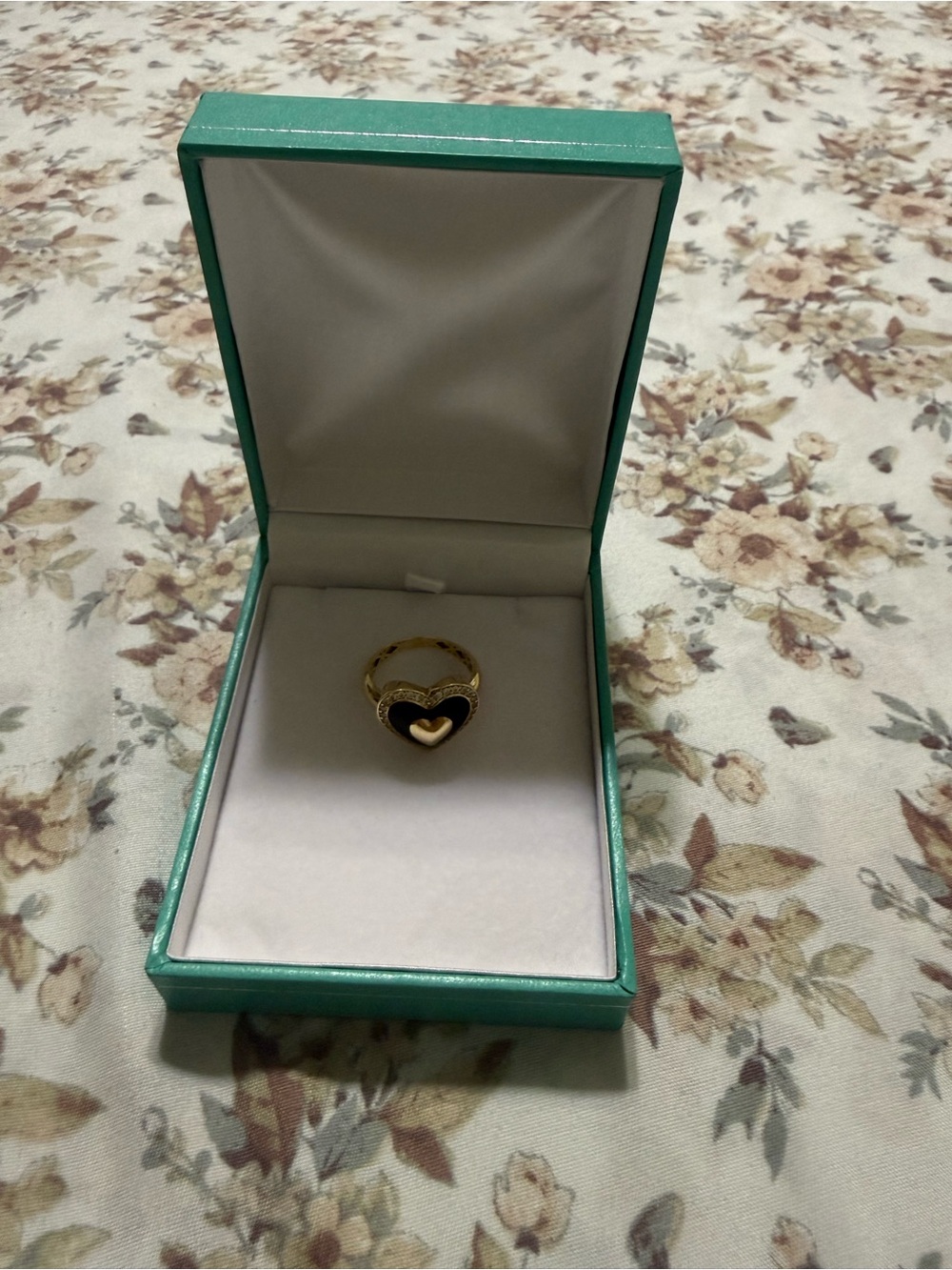 Gold Heart Ring with Black and Gold Enamel - Women's Fashion Ring 10k